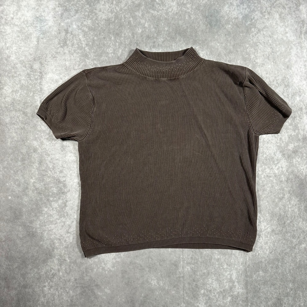 Liz Claiborne Collection Brown 100% Silk Rib Knit Cropped Mock Neck Top Large